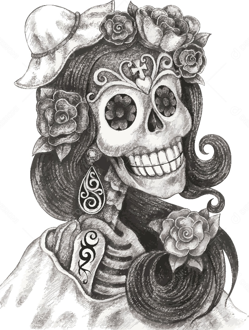 Estampa de Caveira Feminina Ilustração Vetor EPS