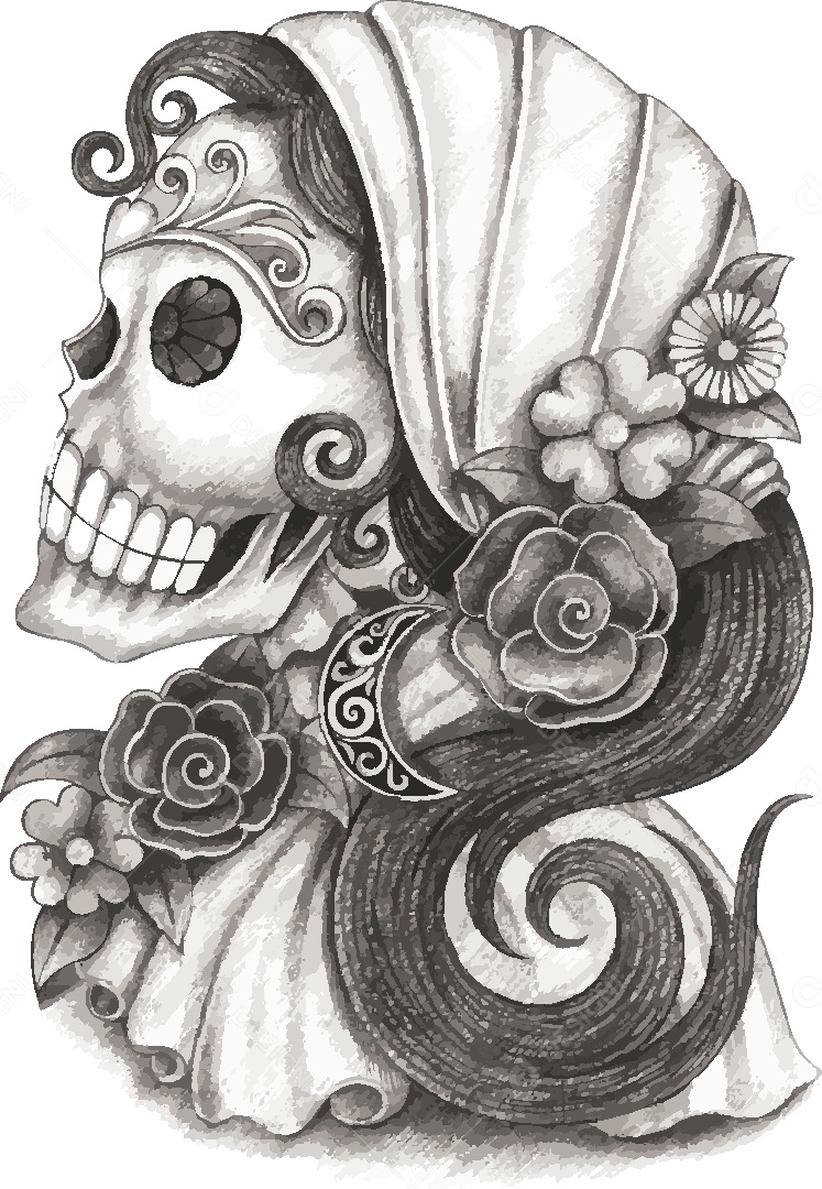 Estampa de Caveira Feminina Ilustração Vetor EPS