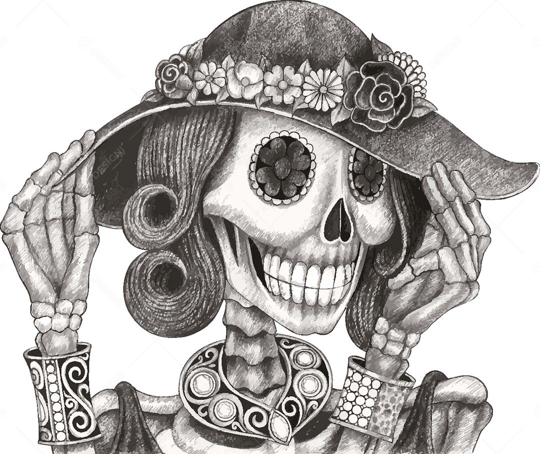 Estampa de Caveira Feminina Ilustração Vetor EPS