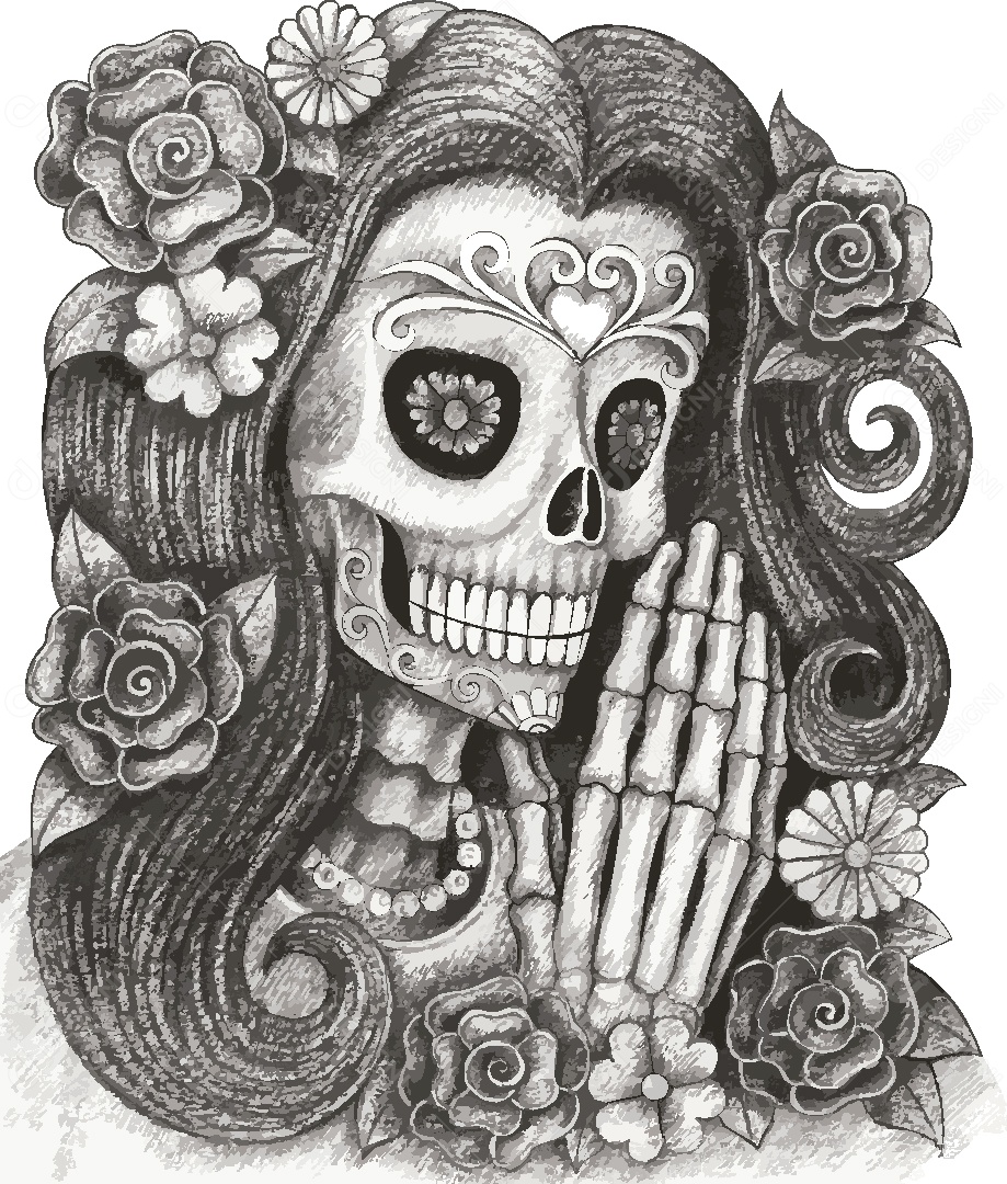 Estampa de Caveira Feminina Ilustração Vetor EPS