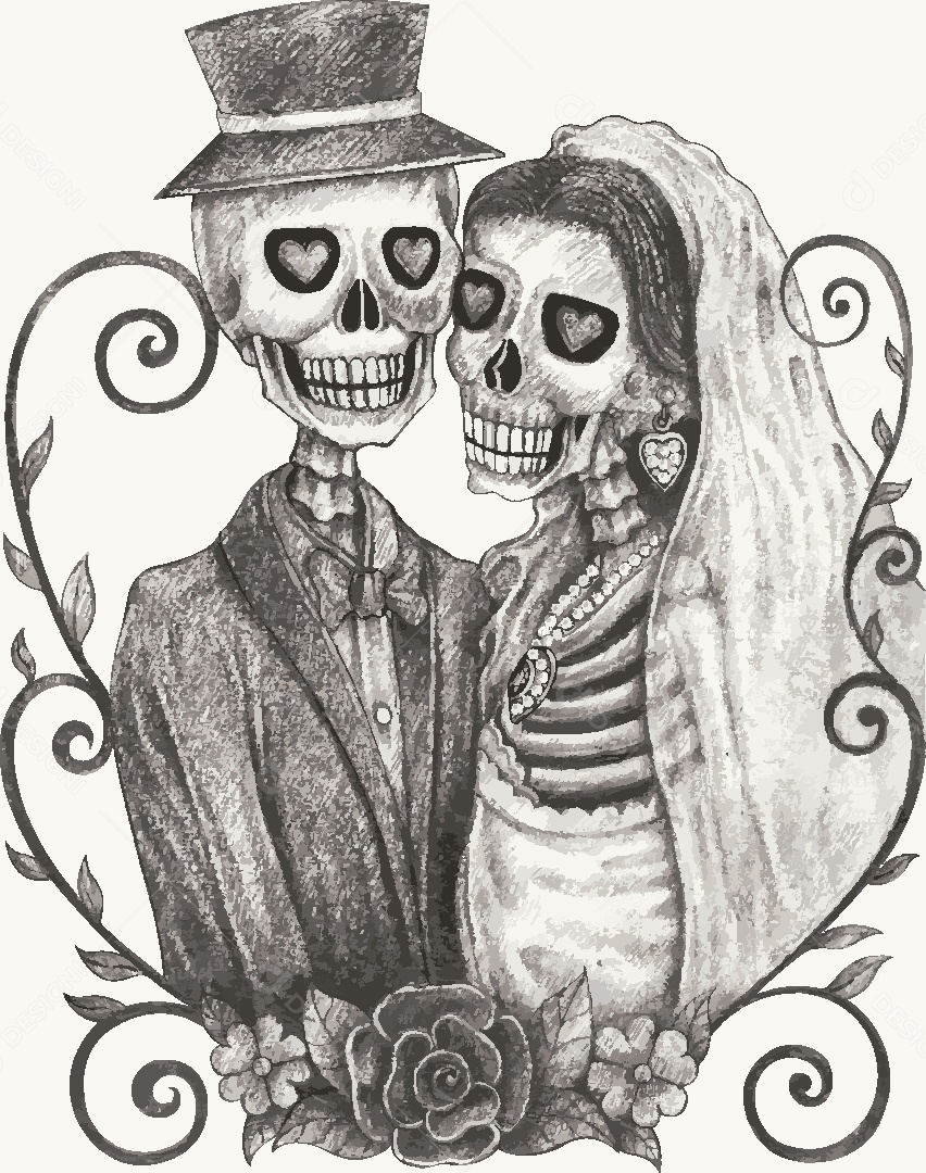 Estampa de Casal Caveira Desenho Vetor EPS