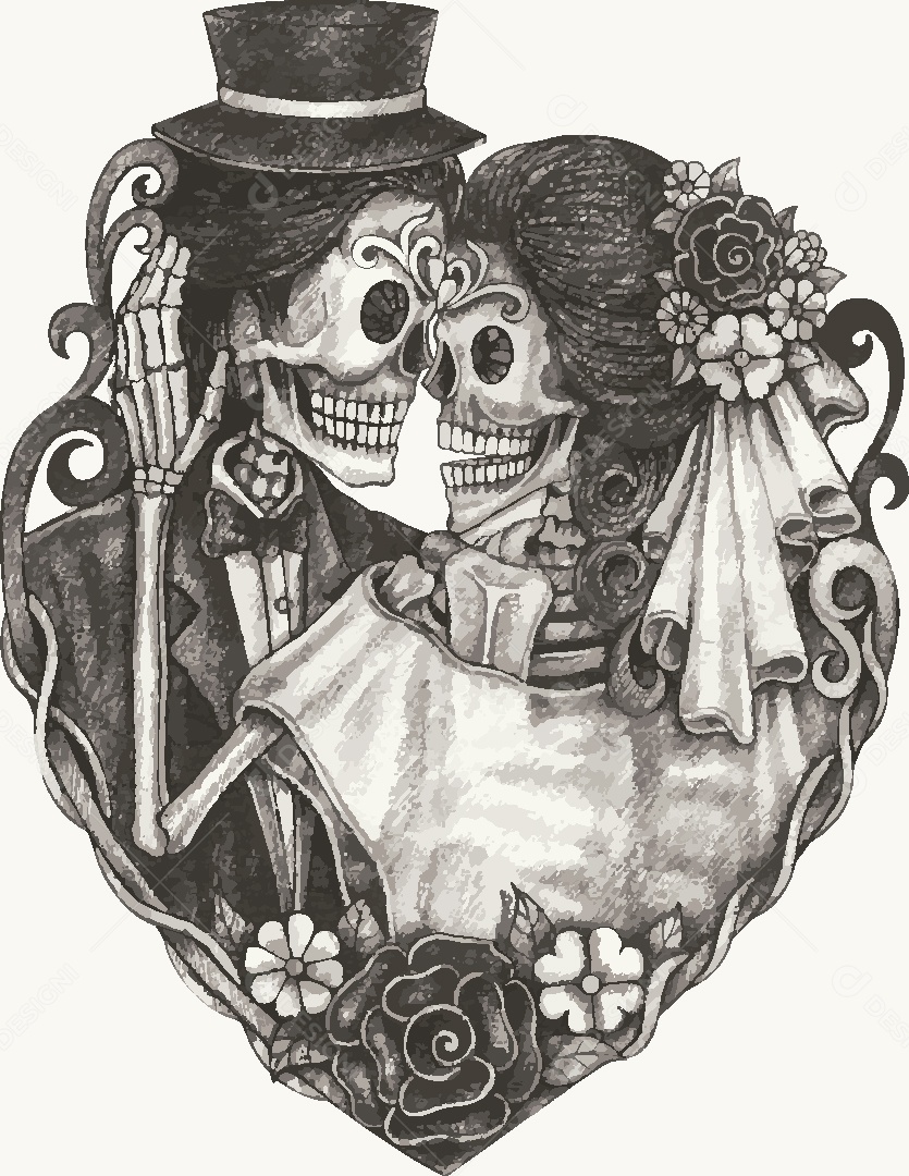 Estampa de Casal de Caveira Desenho Vetor EPS