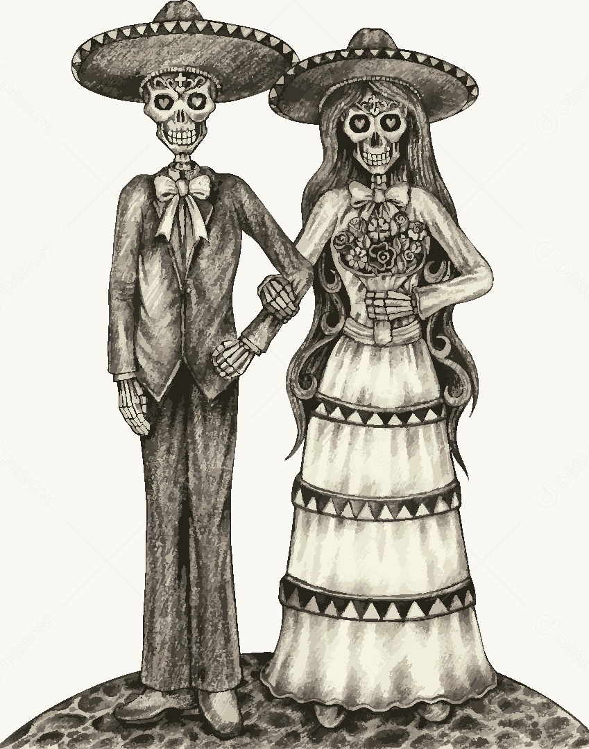 Estampa de Casal de Caveira Desenho Vetor EPS