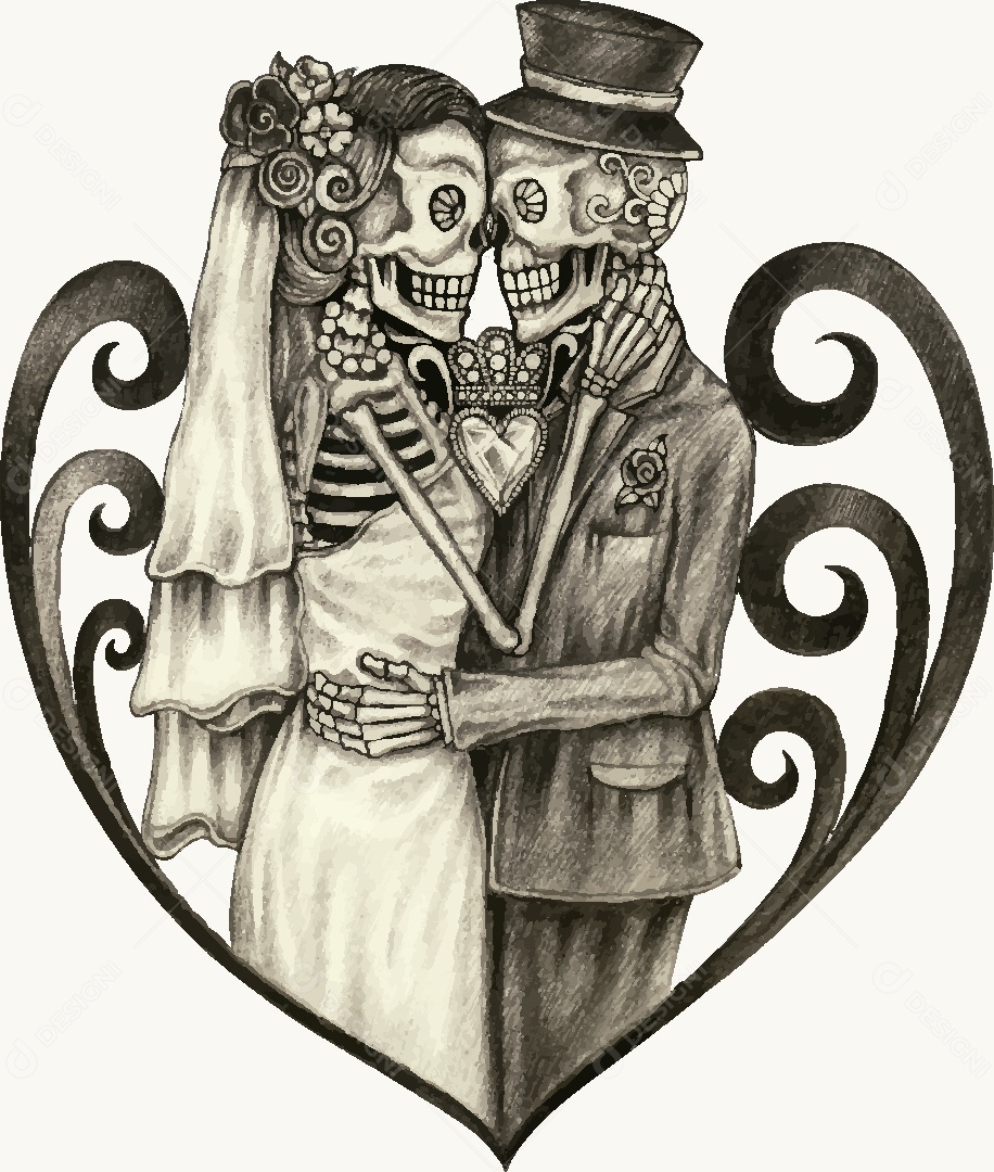Estampa de Casal de Caveira Desenho Vetor EPS