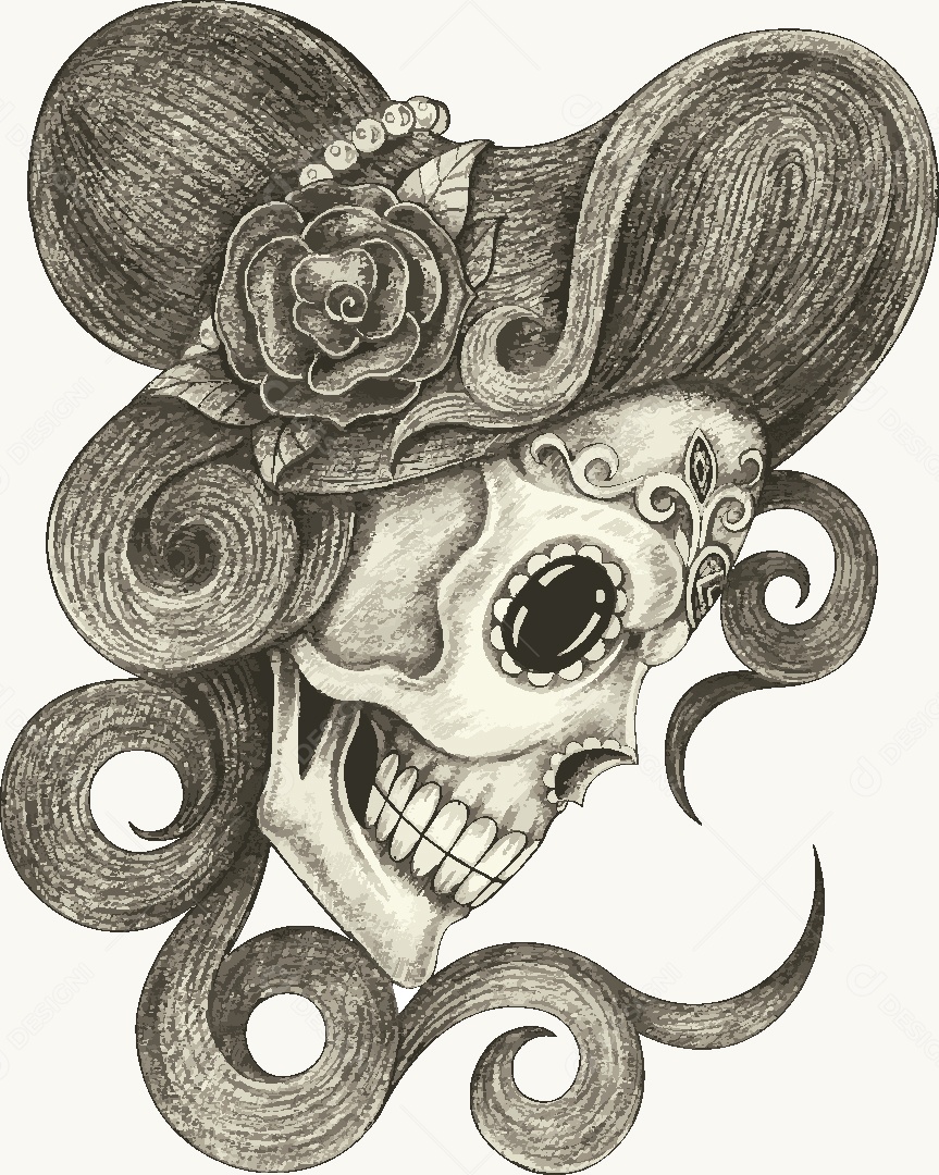 Estampa de Caveira Feminina Desenho Vetor EPS