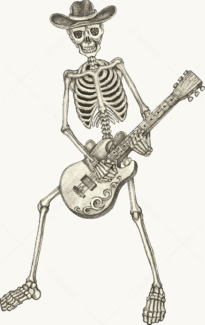 Estampa de Caveira com Guitarra Desenho Vetor EPS