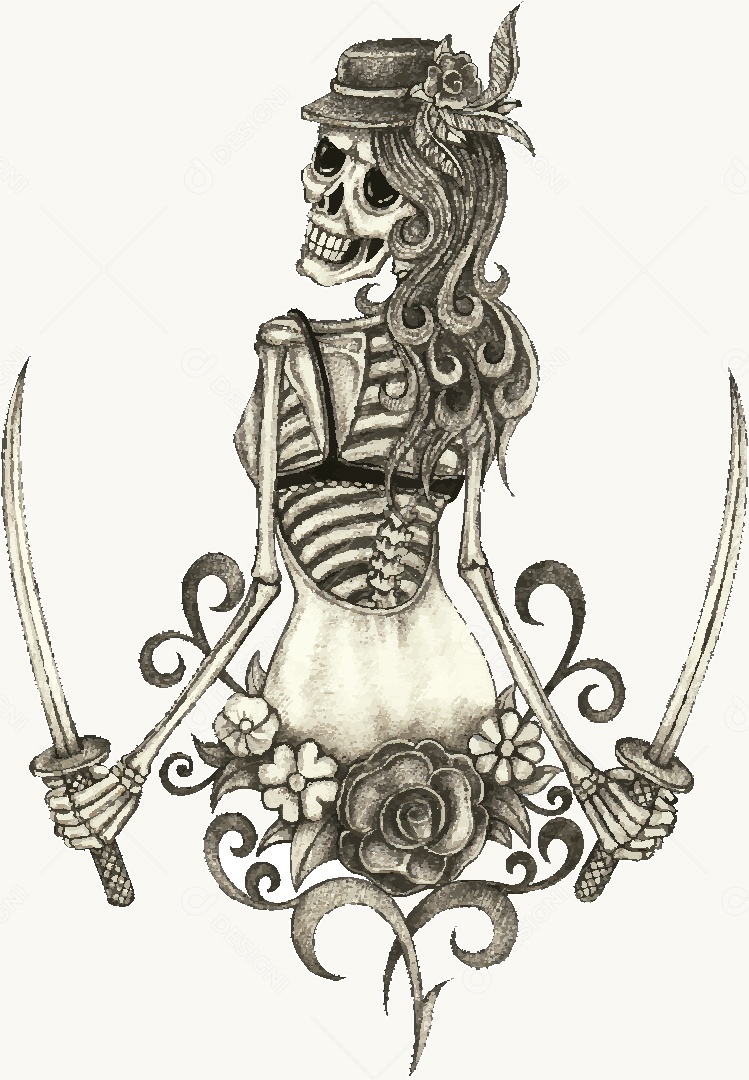 Estampa de Caveira Feminina Desenho Vetor EPS