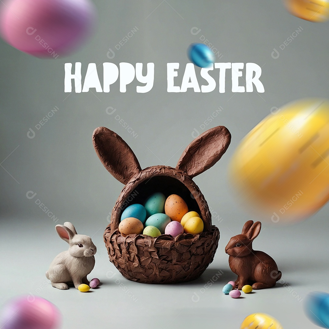 Design de modelo de Páscoa com texto espacial de coelhos e ovos de chocolate para mídias sociais