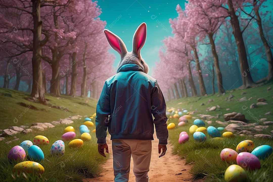 Design de modelo de Páscoa com texto espacial de coelhos e ovos de chocolate para mídias sociais