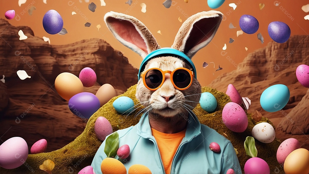 Design de modelo de Páscoa com texto espacial de coelhos e ovos de chocolate para mídias sociais