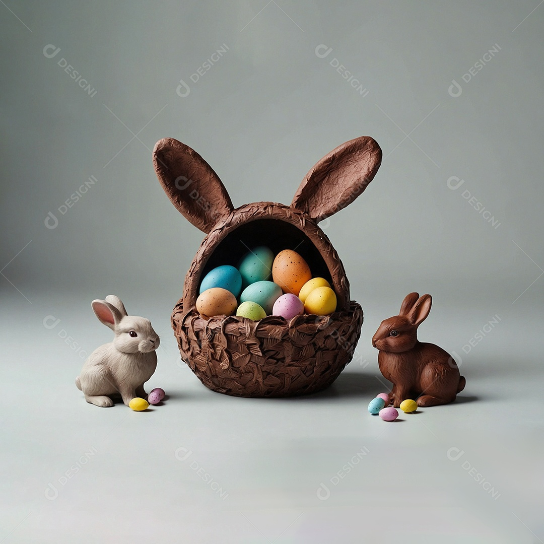 Design de modelo de Páscoa com texto espacial de coelhos e ovos de chocolate para mídias sociais