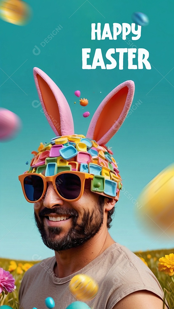 Design de modelo de Páscoa com texto espacial de coelhos e ovos de chocolate para mídias sociais