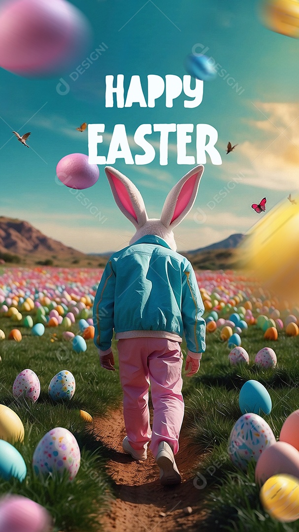 Design de modelo de Páscoa com texto espacial de coelhos e ovos de chocolate para mídias sociais