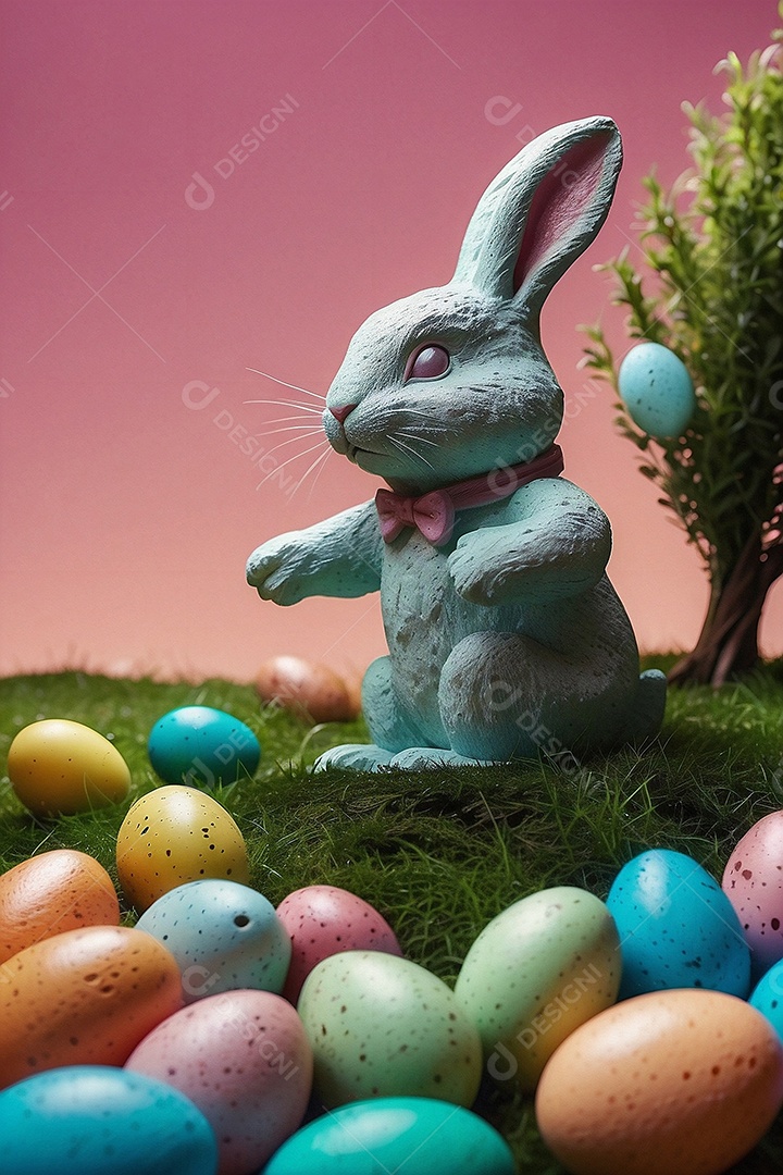 Design de modelo de Páscoa com texto espacial de coelhos e ovos de chocolate para mídias sociais