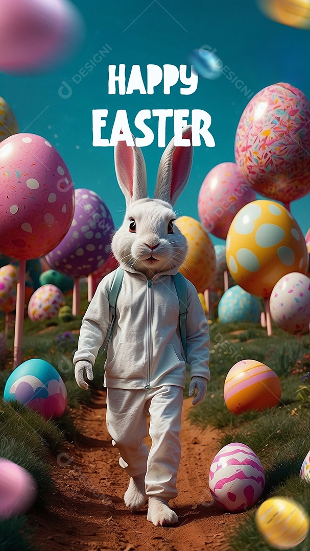 Design de modelo de Páscoa com texto espacial de coelhos e ovos de chocolate para mídias sociais