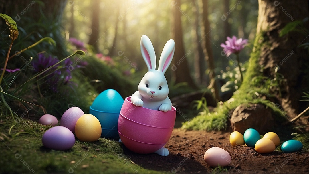 Design de modelo de Páscoa com texto espacial de coelhos e ovos de chocolate para mídias sociais