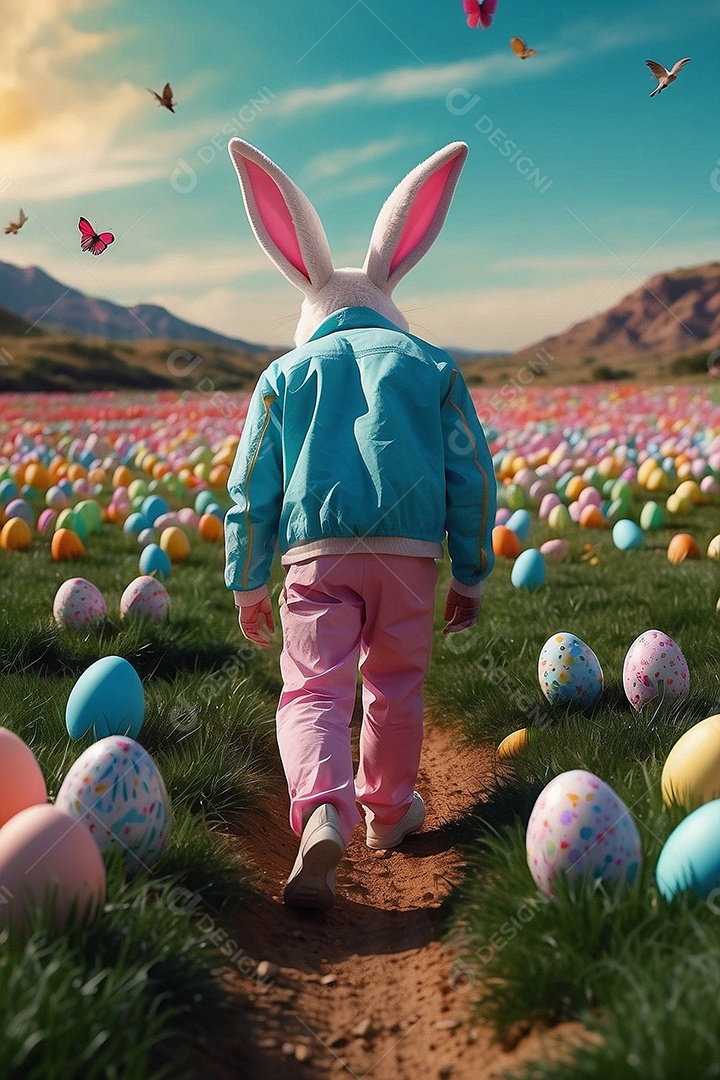 Design de modelo de Páscoa com texto espacial de coelhos e ovos de chocolate para mídias sociais