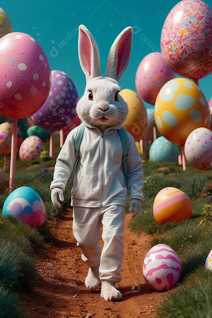 Design de modelo de Páscoa com texto espacial de coelhos e ovos de chocolate para mídias sociais