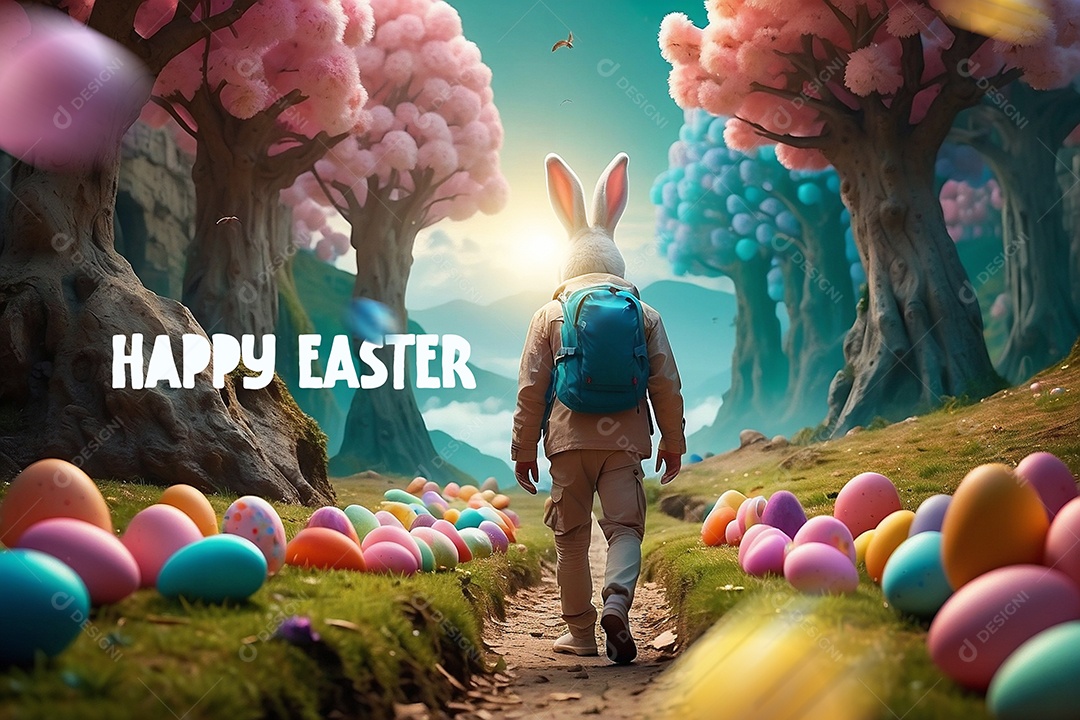 Design de modelo de Páscoa com texto espacial de coelhos e ovos de chocolate para mídias sociais