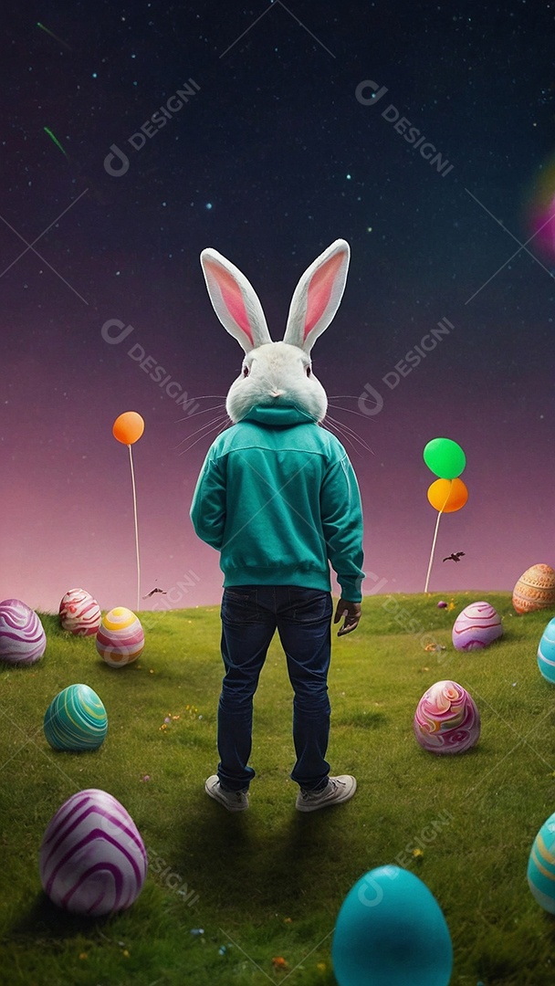 Design de modelo de Páscoa com texto espacial de coelhos e ovos de chocolate para mídias sociais