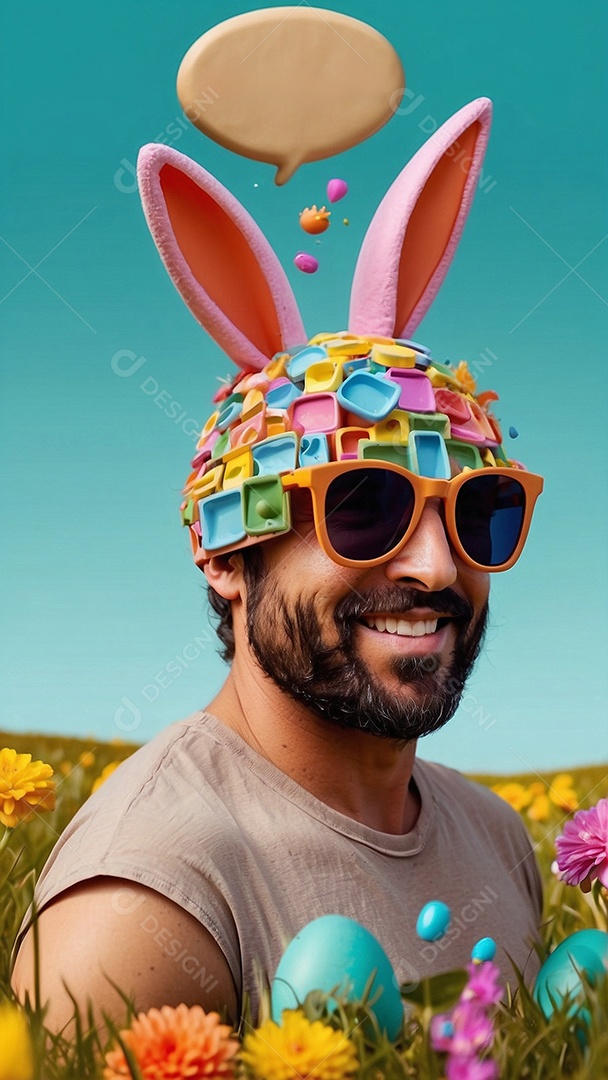 Design de modelo de Páscoa com texto espacial de coelhos e ovos de chocolate para mídias sociais