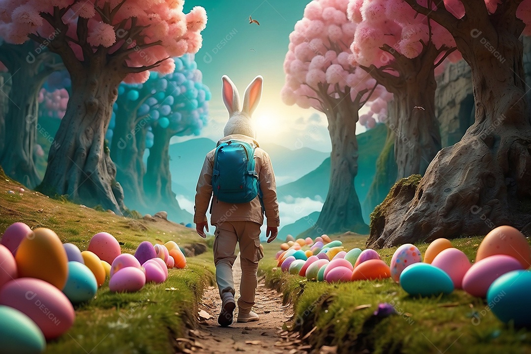 Design de modelo de Páscoa com texto espacial de coelhos e ovos de chocolate para mídias sociais