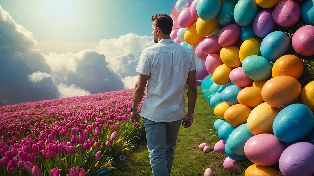 Design de modelo de Páscoa com texto espacial de coelhos e ovos de chocolate para mídias sociais