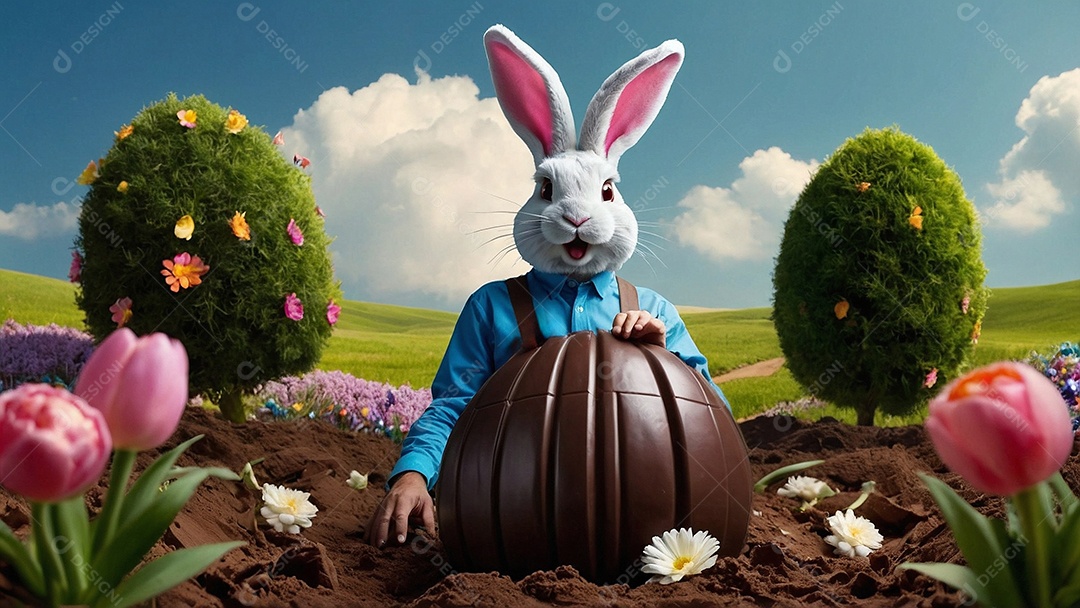 Homem coelho e ovos de chocolate para mídias sociais