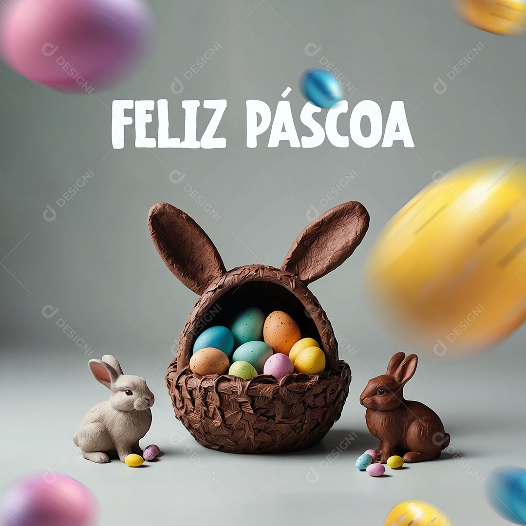 Design de modelo de páscoa com texto espacial de coelhos e ovos de chocolate para mídias sociais