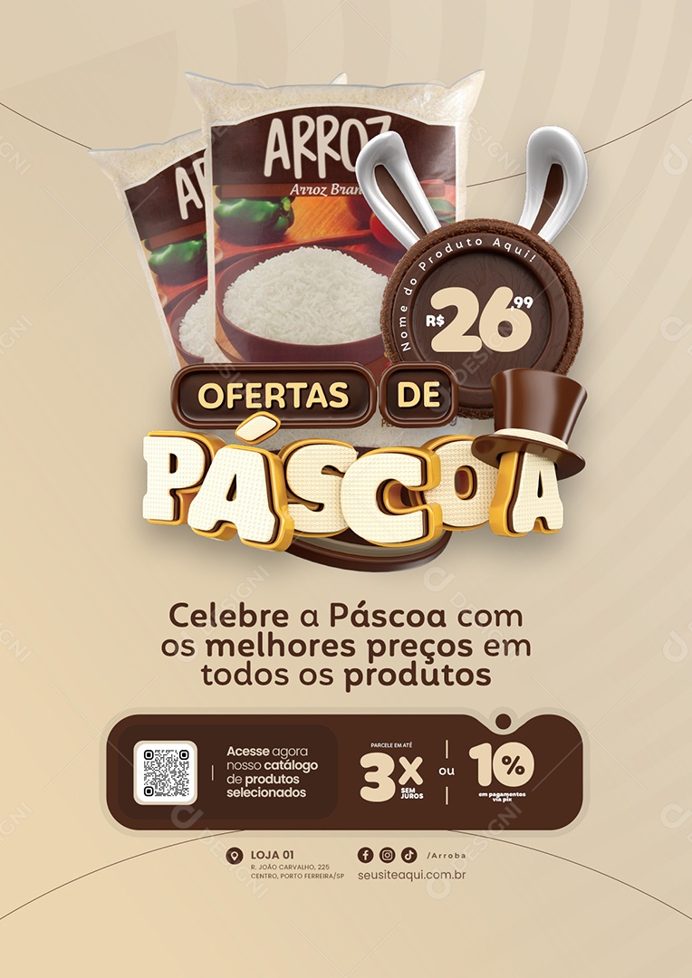 Ofertas de páscoa Supermercado Arroz Branco Social Media PSD Editável