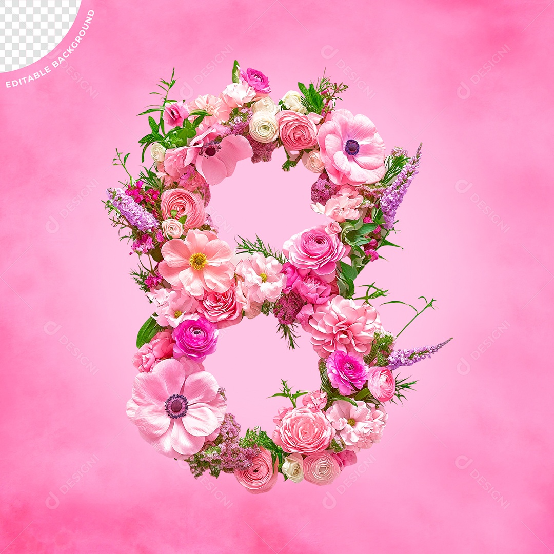 Número 8 com Flores do Dia das Mulheres Elemento 3D para Composição PSD
