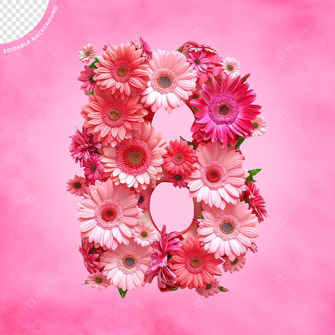 Número 8 com Flores do Dia das Mulheres Elemento 3D para Composição PSD