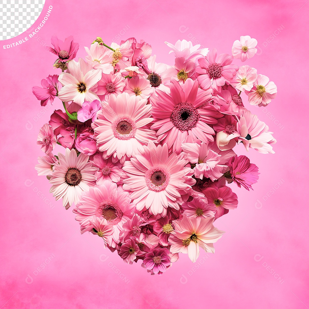 Elemento 3D Coração com Flores do Dia das Mulheres para Composição PSD