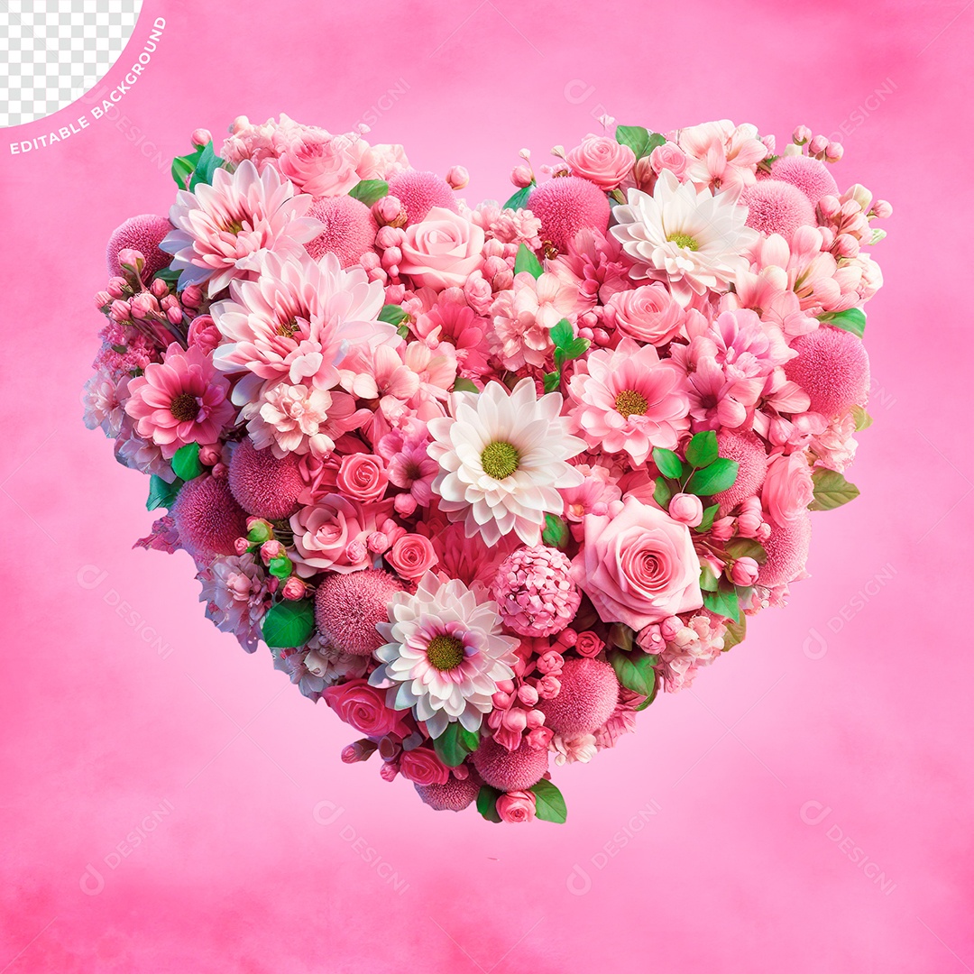 Elemento 3D Coração com Flores do Dia das Mulheres para Composição PSD
