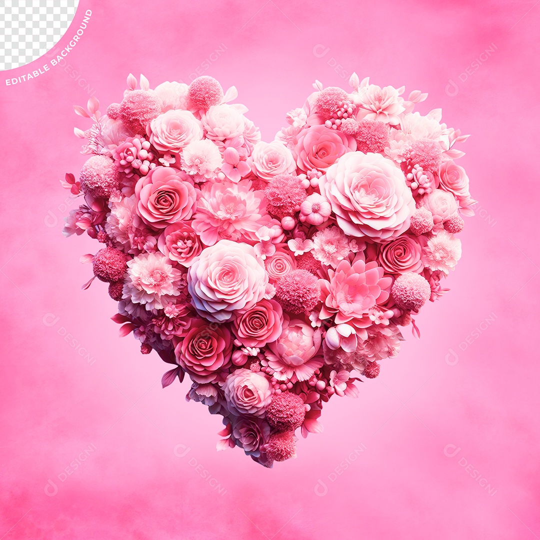 Elemento 3D Coração com Flores do Dia das Mulheres para Composição PSD