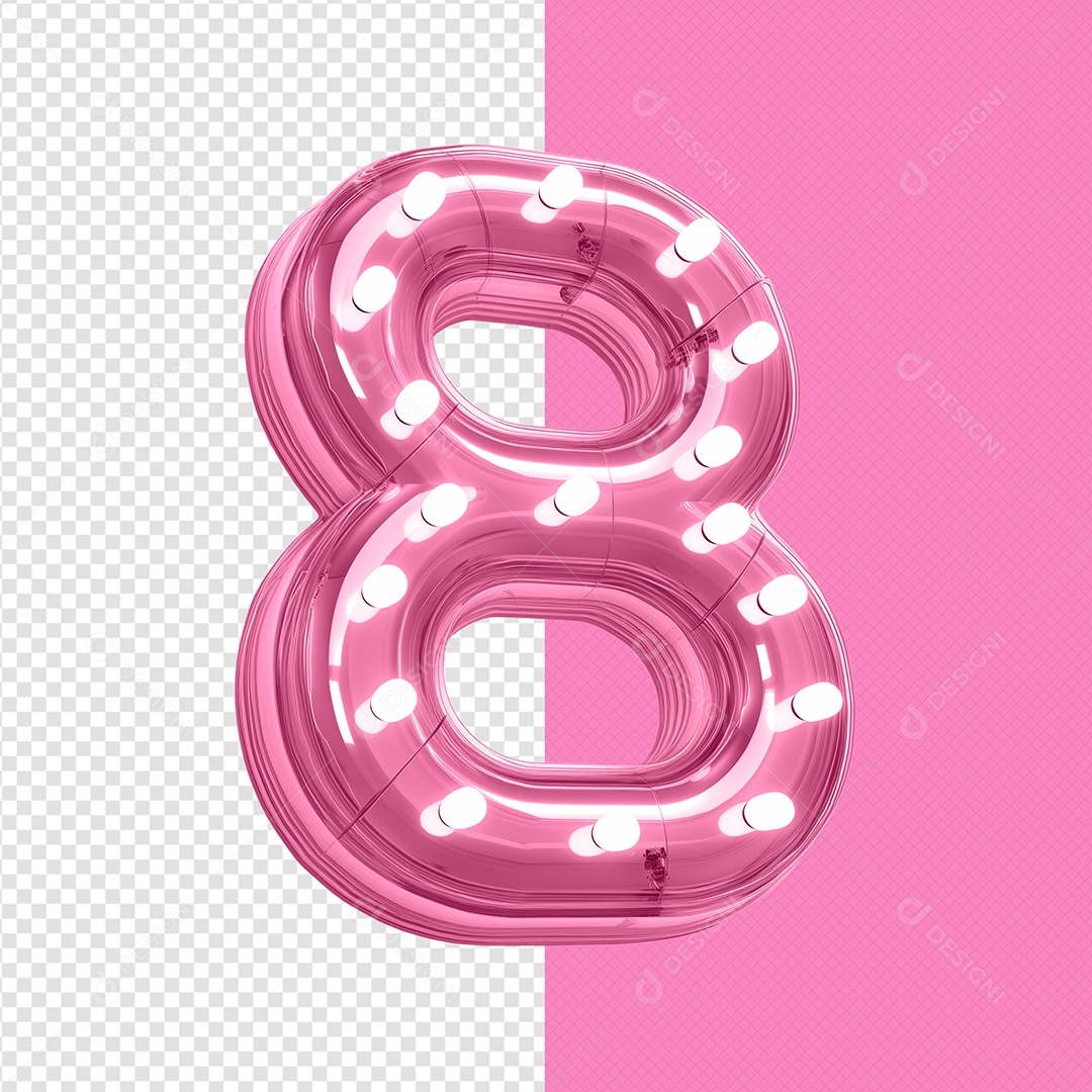 Número 8 Rosa com Lâmpadas de Led do Dia das Mulheres Elemento 3D para Composição PSD
