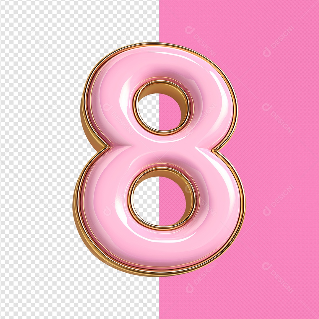 Número 8 Rosa e Dourado do Dia das Mulheres Elemento 3D para Composição PSD