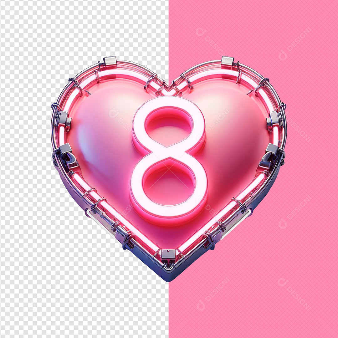 Coração com Numero 8 e Luz de Led do Dia das Mulheres Elemento 3D para Composição PSD