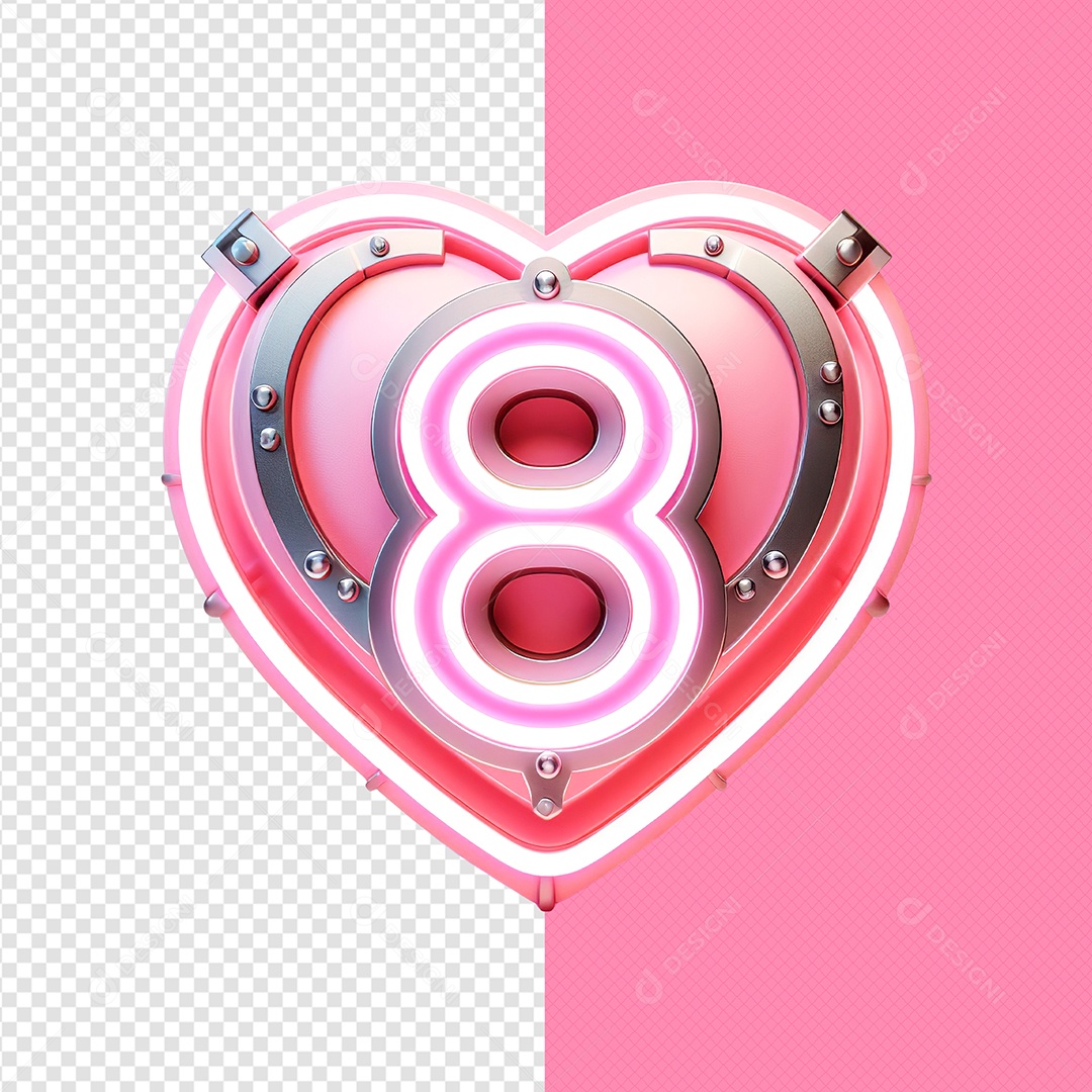 Elemento 3D Coração com Numero 8 e Luz de Led do Dia das Mulheres para Composição PSD