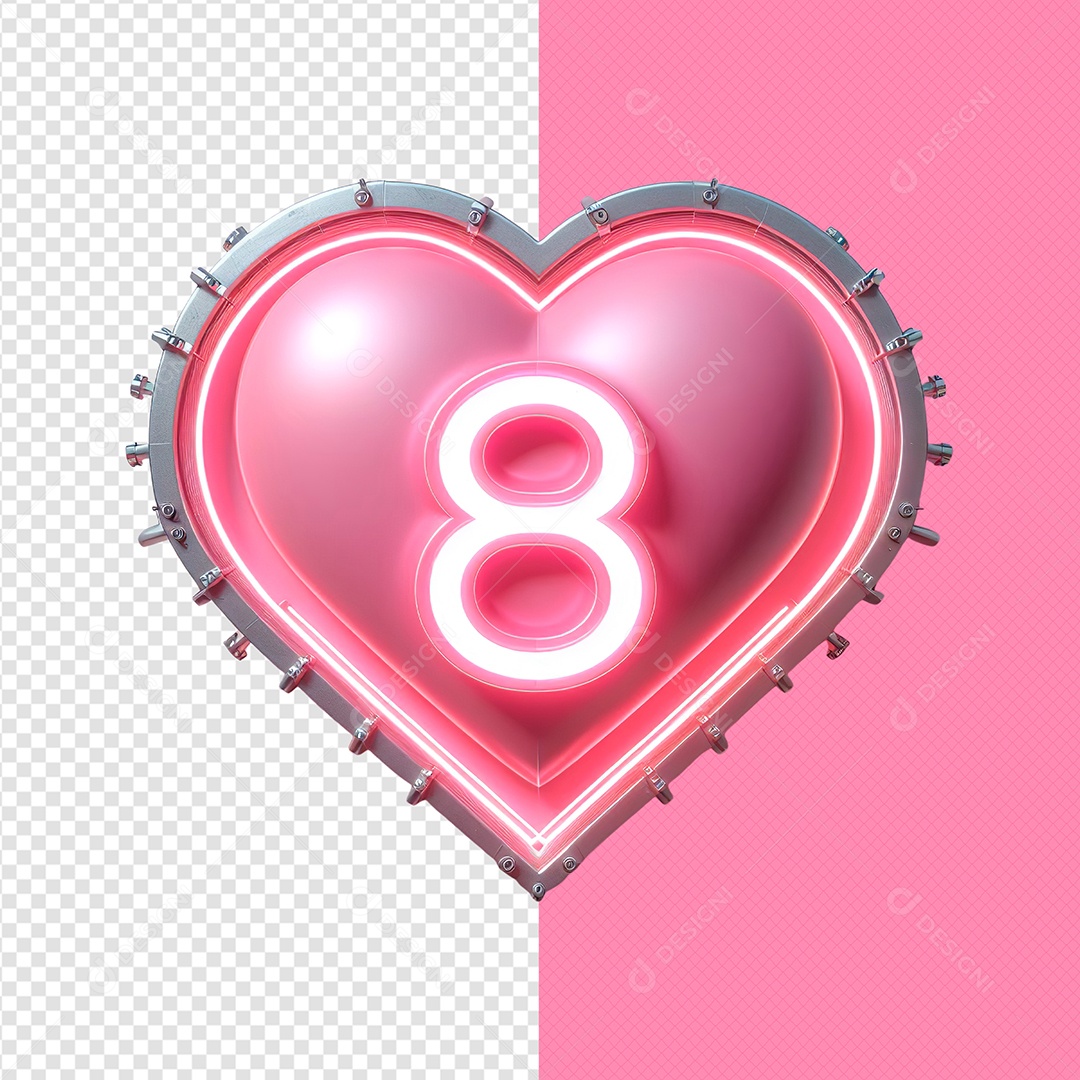 Coração com Numero 8 e Luz de Led Elemento 3D do Dia das Mulheres para Composição PSD