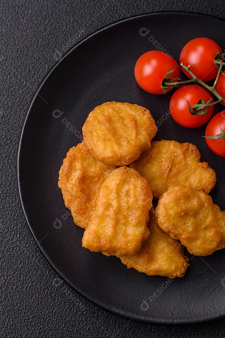 Deliciosos nuggets de frango crocantes frescos em um fundo escuro de concreto. Alimentos não saudáveis, fast food