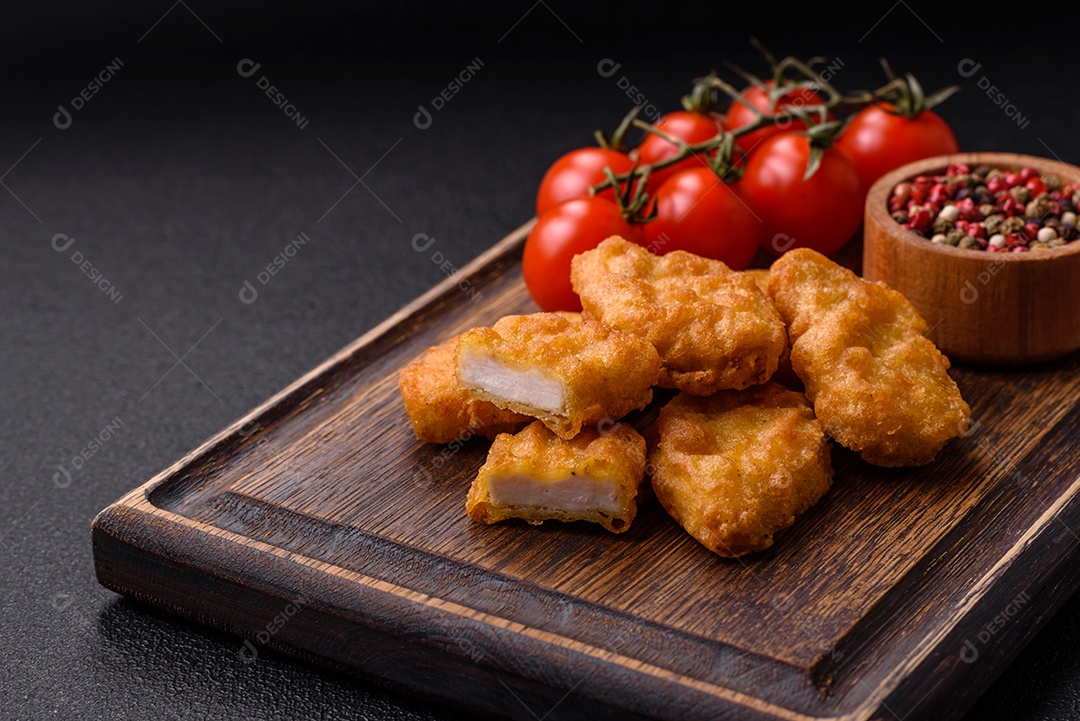 Deliciosos nuggets de frango crocantes frescos em um fundo escuro de concreto. Alimentos não saudáveis, fast food