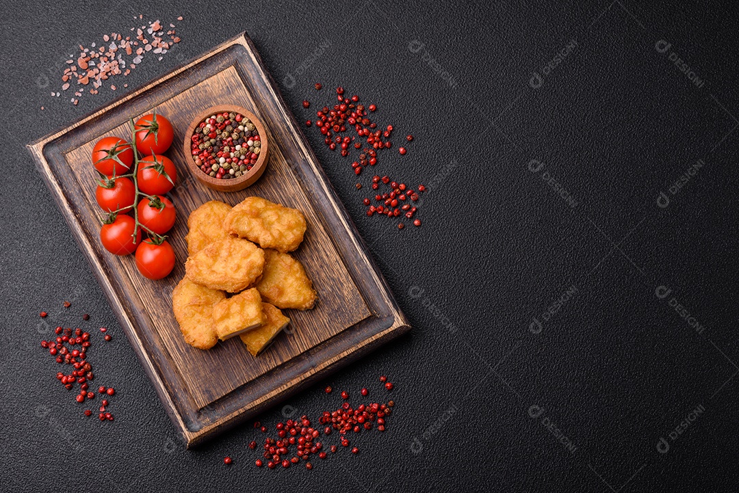 Deliciosos nuggets de frango crocantes frescos em um fundo escuro de concreto. Alimentos não saudáveis, fast food