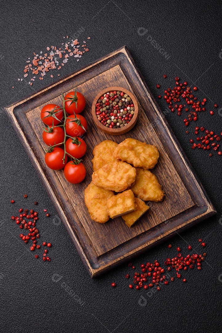 Deliciosos nuggets de frango crocantes frescos em um fundo escuro de concreto. Alimentos não saudáveis, fast food