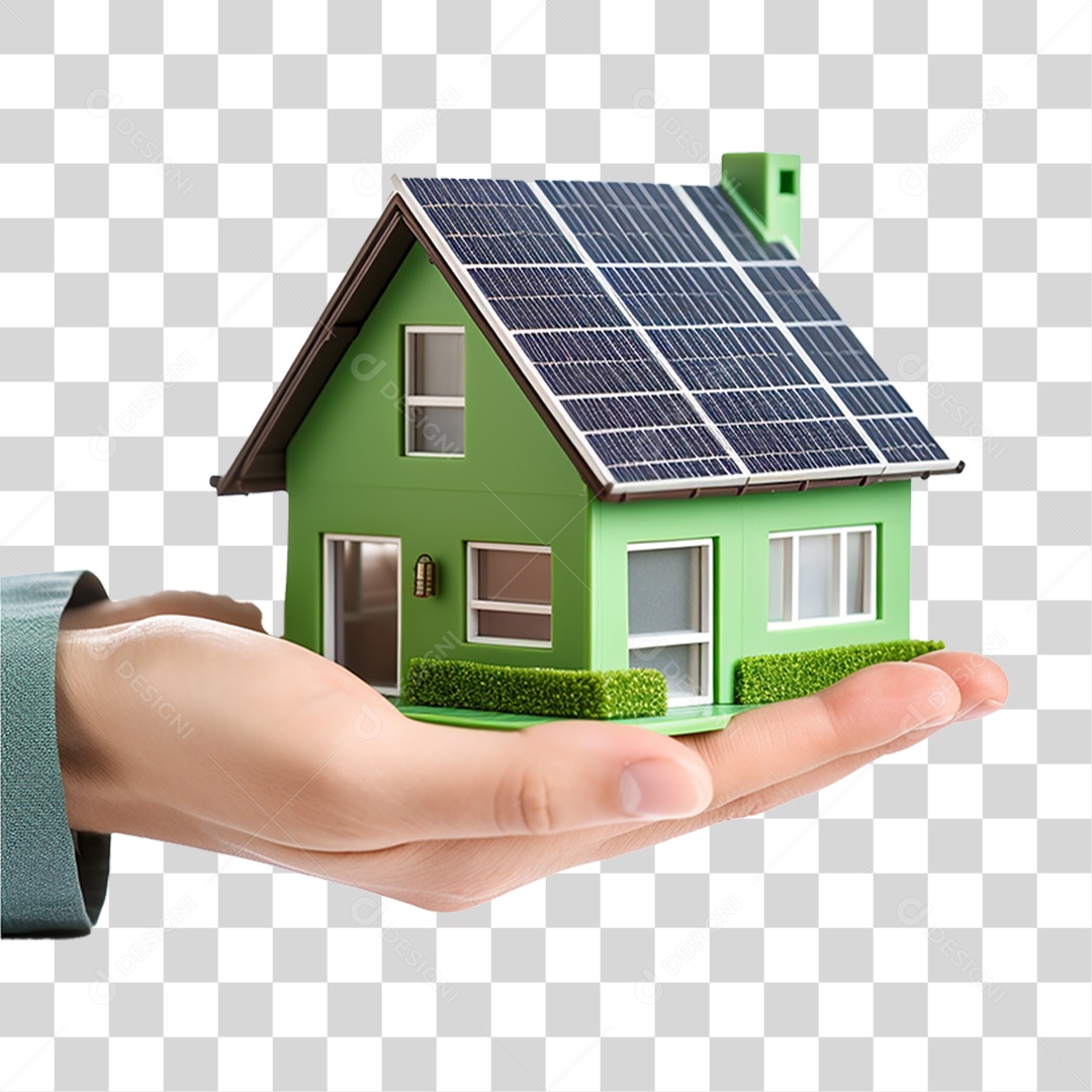 Mãos Segurando Miniatura de Casa com Placa Solar PNG Transparente