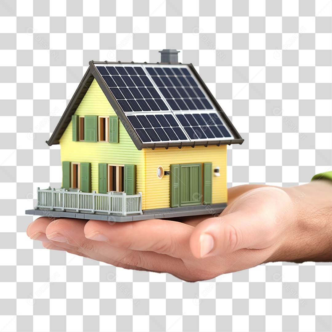 Mãos Segurando Miniatura de Casa com Placa Solar PNG Transparente