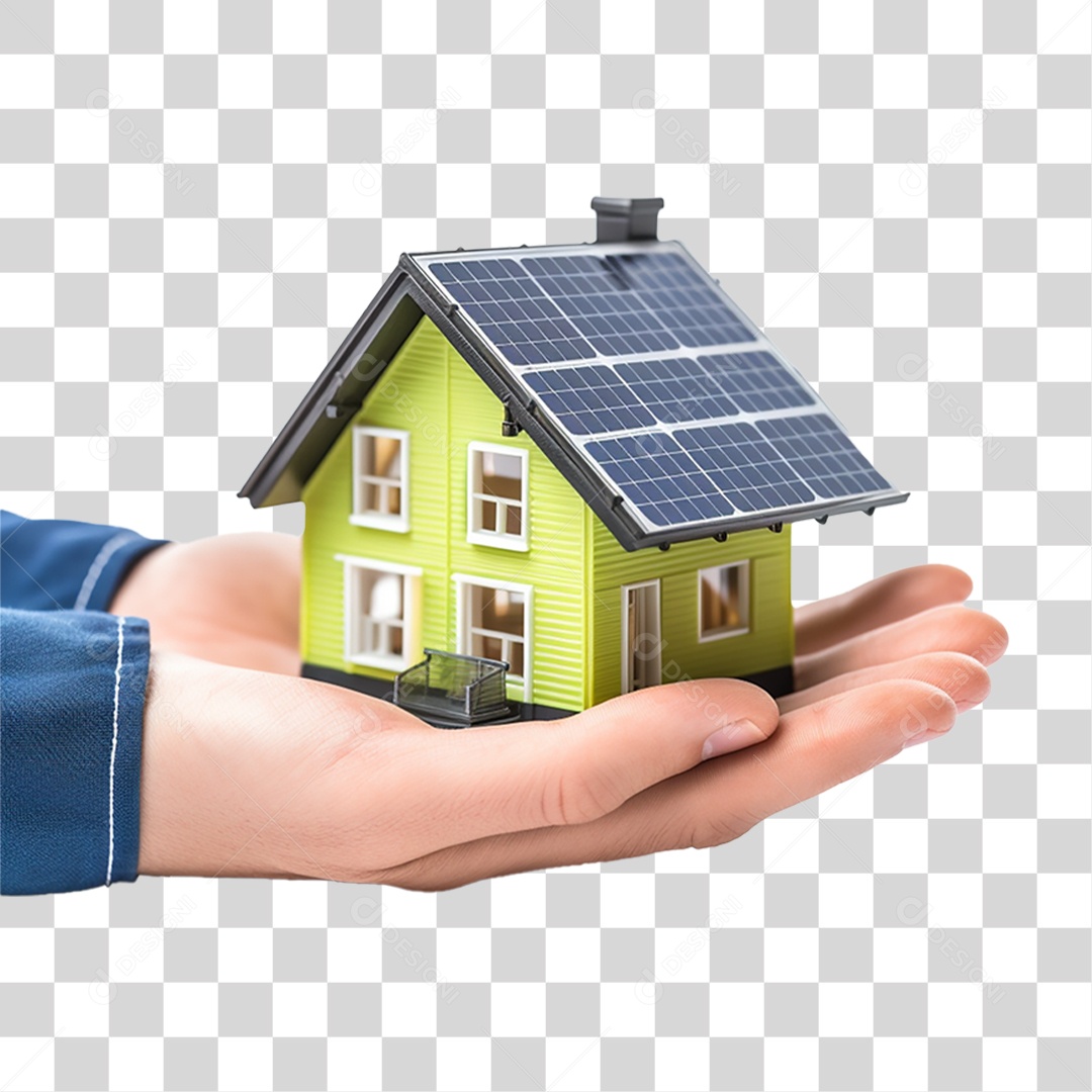 Mãos Segurando Miniatura de Casa com Placa Solar PNG Transparente