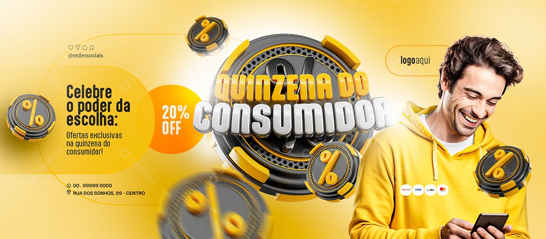 Banner Quinzena do Consumidor Supermercado ofertas exclusivas 20% Off Social Media PSD Editável