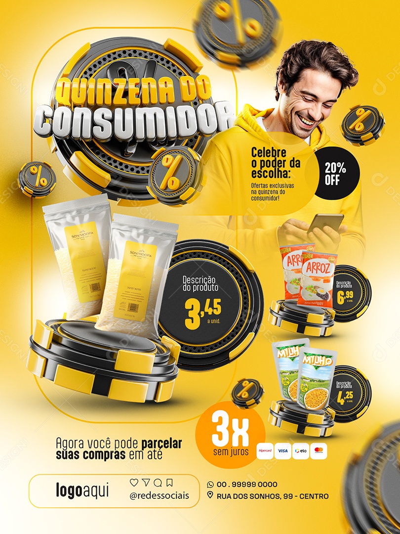 Quinzena do Consumidor Supermercado Encarte arroz milho Social Media PSD Editável