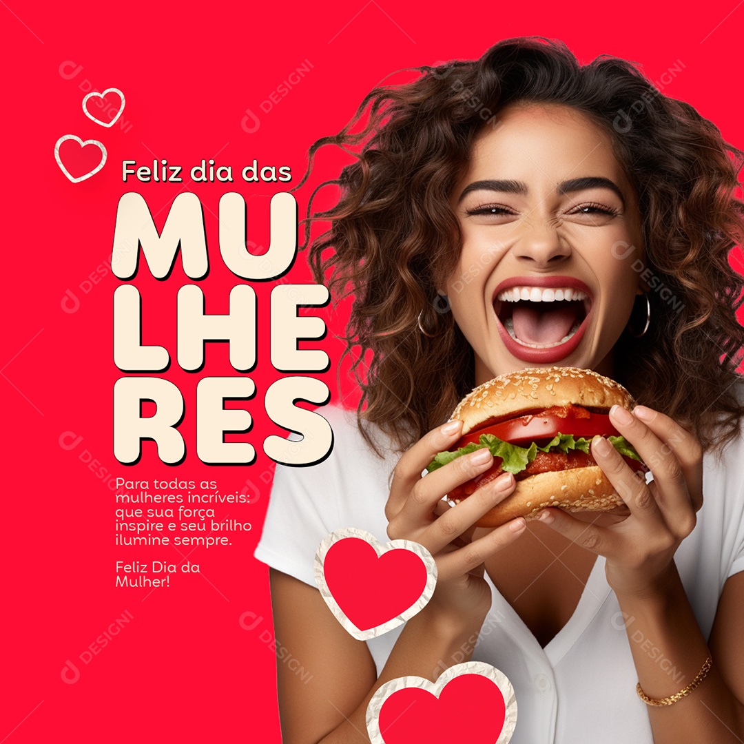 Hambúrguer Feliz Dia das Mulheres inspire seu brilho Social Media PSD Editável